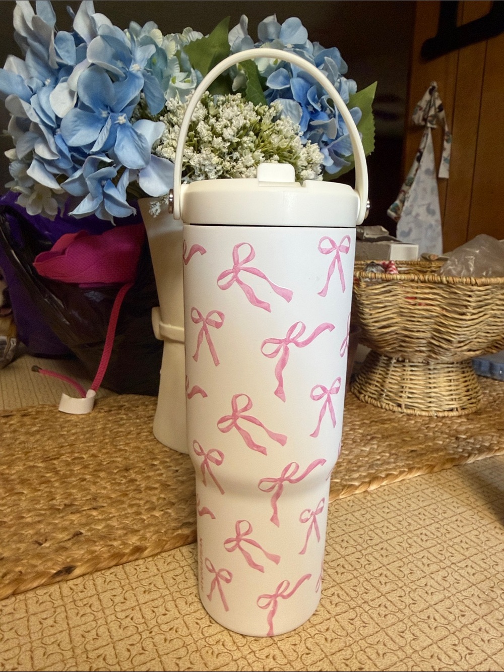 White Tumbler with Pink Ribbon Design - Stylish Drink Carrier